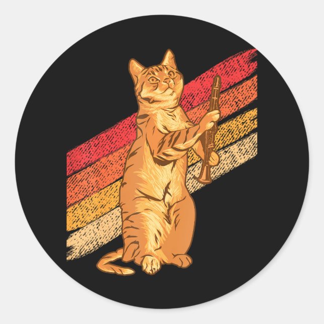 Clarinet Player Cat Wind Instrument Musician Classic Round Sticker (Front)
