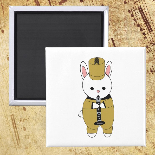Clarinet Rabbit Marching Band Gold Black Magnet (A magnet with a rabbit playing the clarinet while wearing a gold and black marching band uniform.)