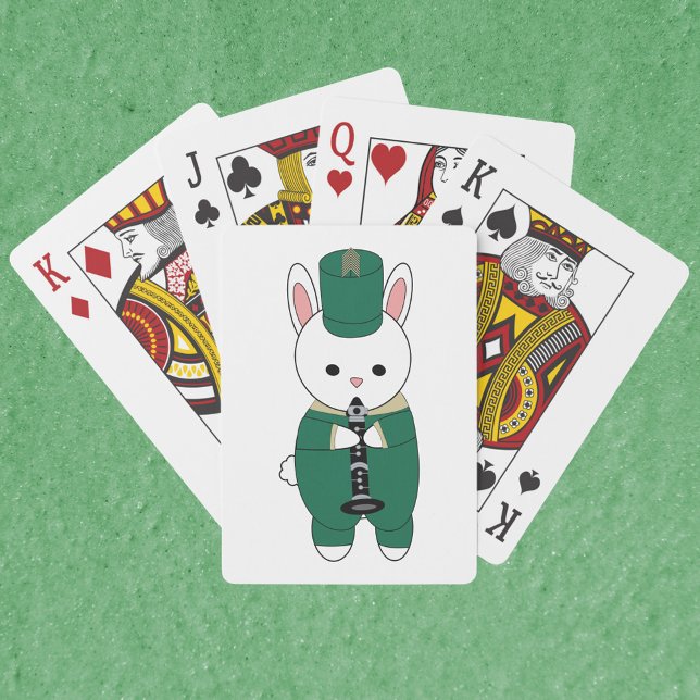 Clarinet Rabbit Marching Band Green Gold Poker Cards (A deck of cards with a rabbit playing the clarinet in a green and gold marching band uniform.)
