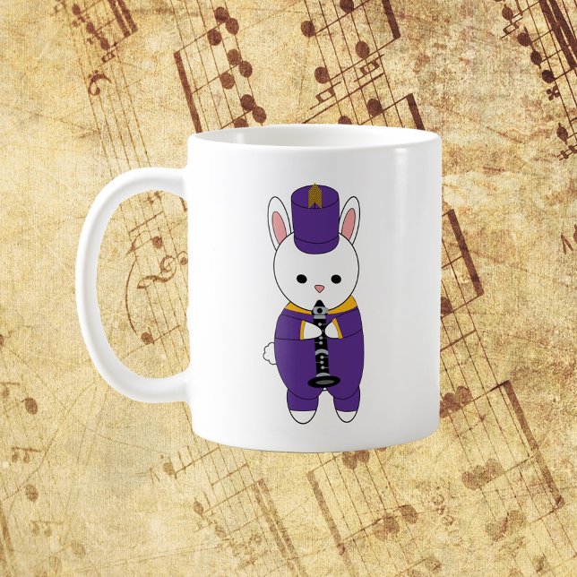 Clarinet Rabbit Marching Band Purple Yellow Coffee Mug (A mug featuring a clarinet playing bunny rabbit in a purple & yellow marching band uniform)