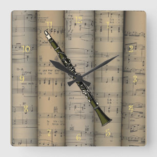 Clarinet ~ Rolled Sheet Music Background ~ Music Square Wall Clock