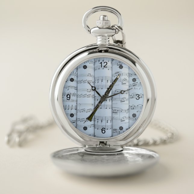 Clarinet~Rolled Sheet Music~Blue Tint Background~  Pocket Watch (Inside)