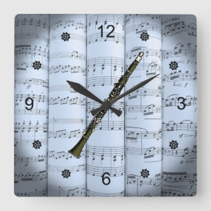 Clarinet~Rolled Sheet Music~Blue Tint Background~ Square Wall Clock