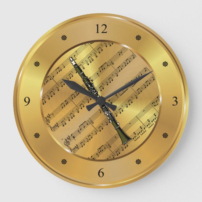 Clarinet  ~ Sheet Music ~ Gold Background ~ Unique Large Clock (Front)