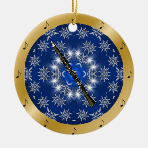 Clarinet  Silver  Blue  Gold  Christmas  Ceramic Ornament
