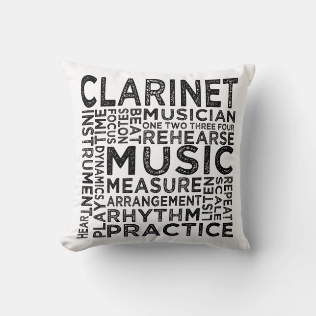 Clarinet Typography Throw Pillow (Front)