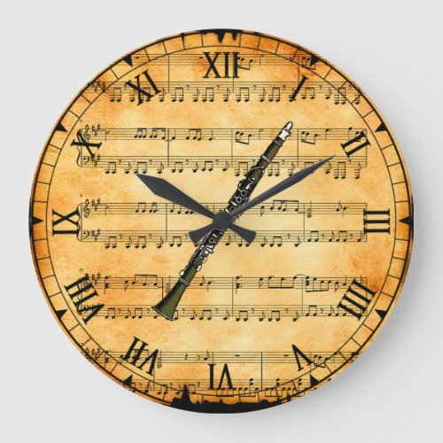 Clarinet  Vintage Sheet Music Background  Unique Large Clock