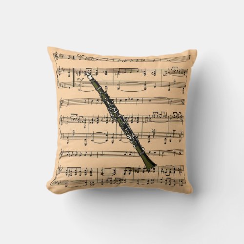Clarinet wSheet Music Background  Musical Instru Throw Pillow