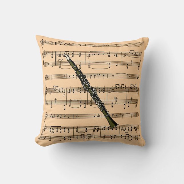 Clarinet w/Sheet Music Background ~ Musical Instru Throw Pillow (Front)