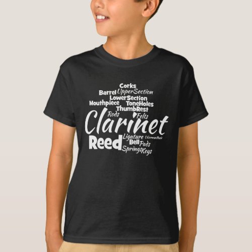 Clarinet Word Cloud White Text T_Shirt