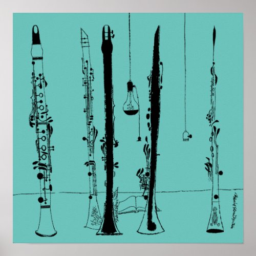 Clarinets Jazz Vintage Illustration Poster