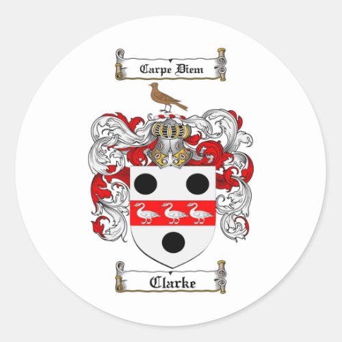 CLARKE FAMILY CREST _  CLARKE COAT OF ARMS CLASSIC ROUND STICKER