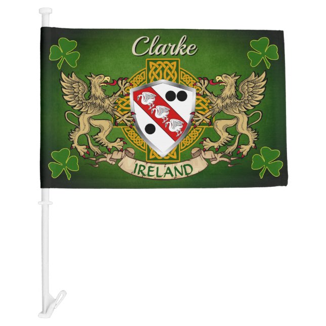 Clarke Irish Shield & Celtic Cross Personalized Car Flag (Front)