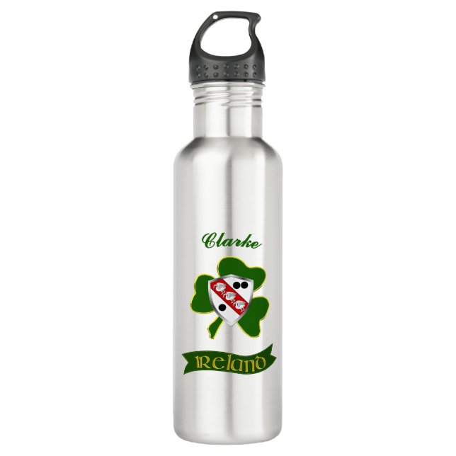 Clarke Irish Shield & Shamrock Personalized  Stainless Steel Water Bottle (Front)