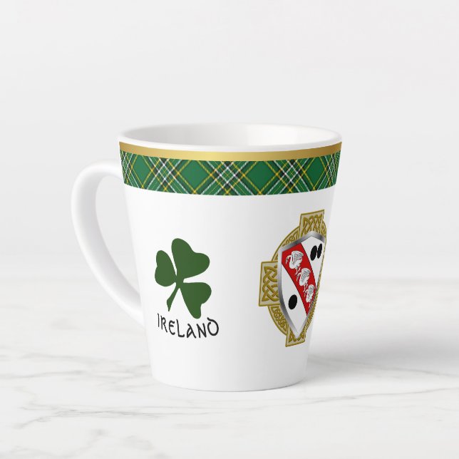Clarke Irish Shield & Tartan Personalized Latte Mug (Left Angle)