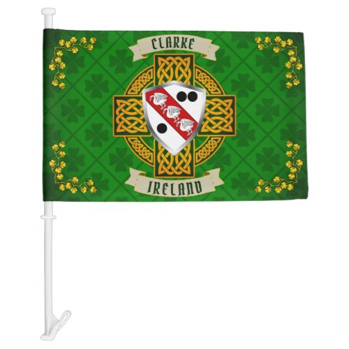 Clarke Irish Shield wCeltic Cross Personalized  Car Flag