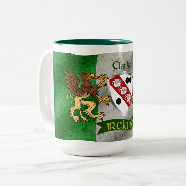 Clarke Irish Shield w/Distressed Flag Personalized Two-Tone Coffee Mug (Front Left)