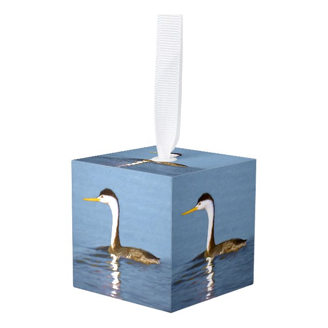 Clark's Grebe Painting - Original Bird Art Cube Ornament (Front Angled)