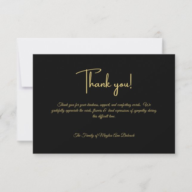 Clasic Black and Gold  Black Personalized Sympathy Thank You Card (Front)