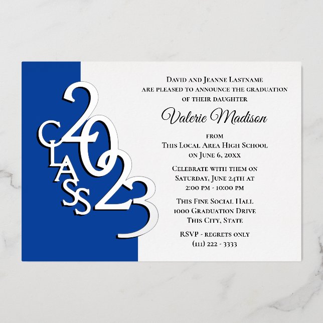 Class 2023 Graduation Blue and Silver Foil  Foil Invitation (Front)