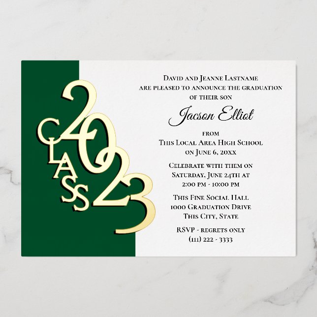Class 2023 Graduation Green and Gold Foil Invitation (Front)
