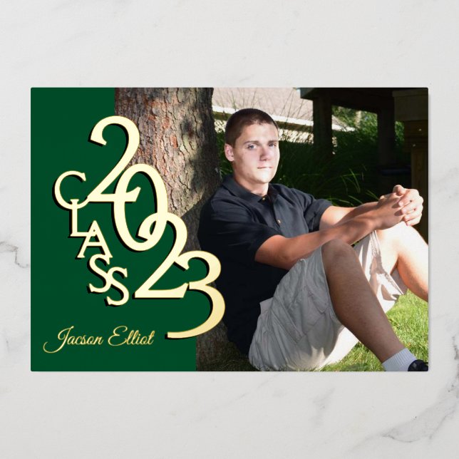 Class 2023 Photo Graduation Green and Gold Foil Invitation (Front)