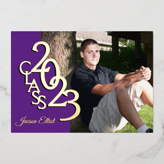 Class 2023 Photo Graduation Purple and Gold Foil Invitation (Front)