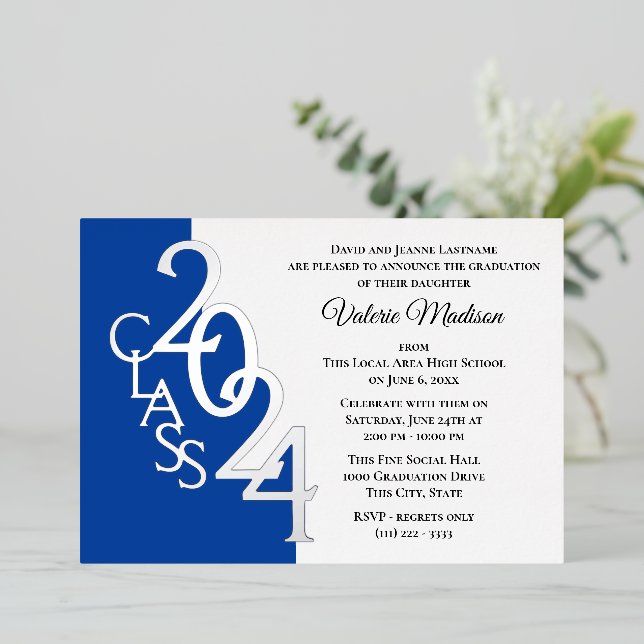 Class 2024 Graduation Blue and Silver Foil  Foil Invitation (Standing Front)