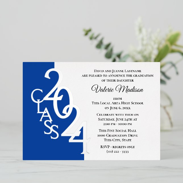 Class 2024 Graduation Blue and Silver Foil  Invitation (Standing Front)