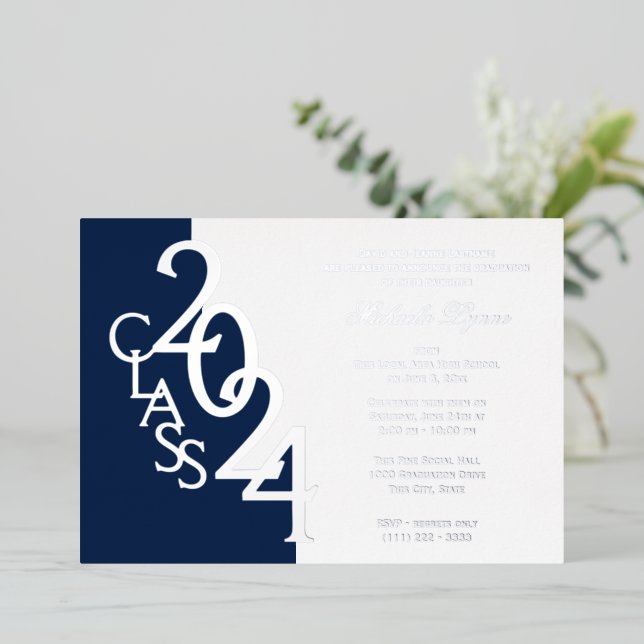 Class 2024 Graduation Navy Blue and Silver Foil  Invitation (Standing Front)