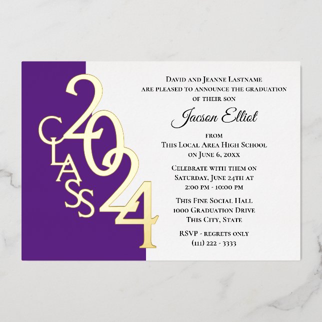 Class 2024 Graduation Purple and Gold Foil Foil Invitation (Front)