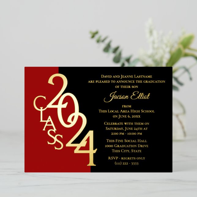 Class 2024 Graduation Red and Gold Foil Invitation (Standing Front)