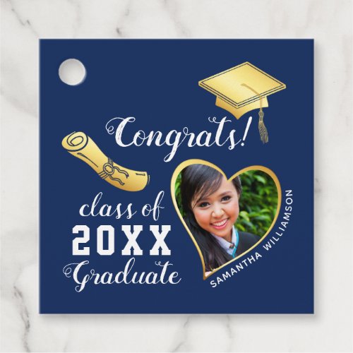 Class 2024 Navy Blue and Gold Photo Graduation Favor Tags