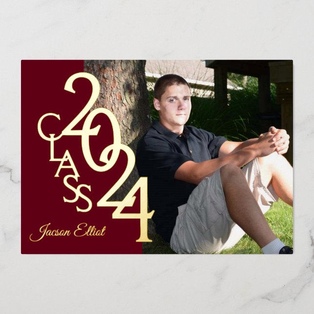 Class 2024 Photo Graduation Burgundy and Gold Foil Invitation (Front)