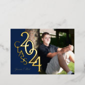 Class 2024 Photo Graduation Navy and Gold Foil Invitation (Standing Front)