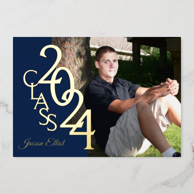 Class 2024 Photo Graduation Navy and Gold Foil Invitation (Front)