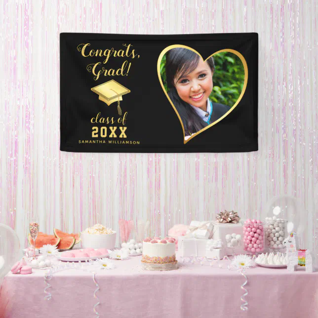 Class 2025 Grad Photo Black and Gold Graduation Banner | Zazzle