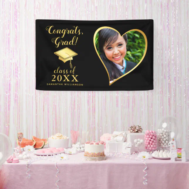 Class 2025 Grad Photo Black and Gold Graduation Banner | Zazzle