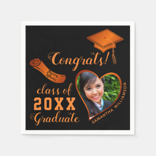 Class 2025 Grad Photo Black and Orange Graduation Napkins