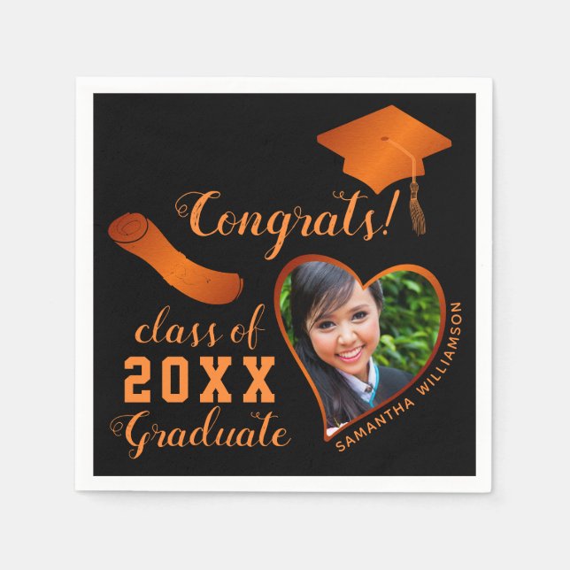 Class 2025 Grad Photo Black and Orange Graduation Napkins (Front)