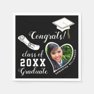 Class 2025 Grad Photo Black and White Graduation Napkins