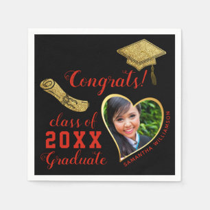 Class 2025 Grad Photo Black Red Gold Graduation Napkins