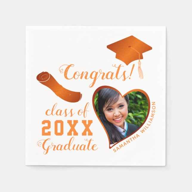 Class 2025 Grad Photo White and Orange Graduation Napkins (Front)