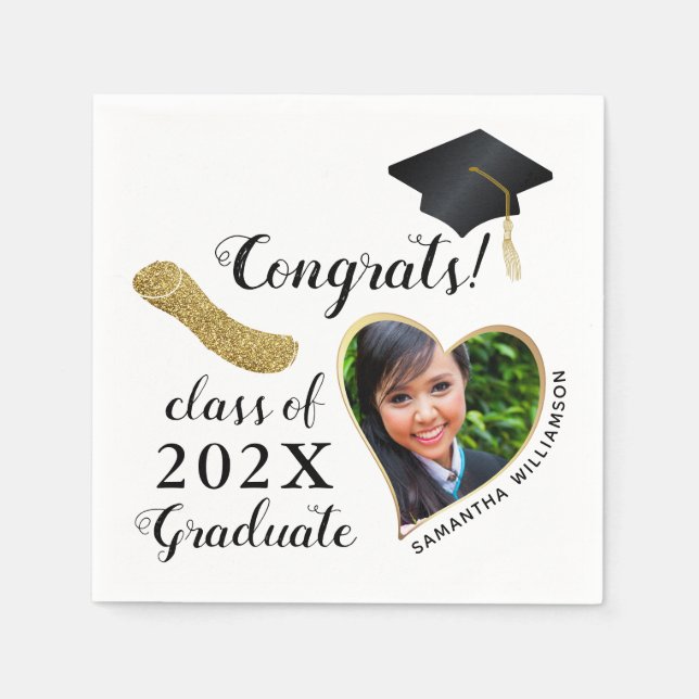 Class 2025 Grad Photo White Black Gold Graduation Napkins (Front)