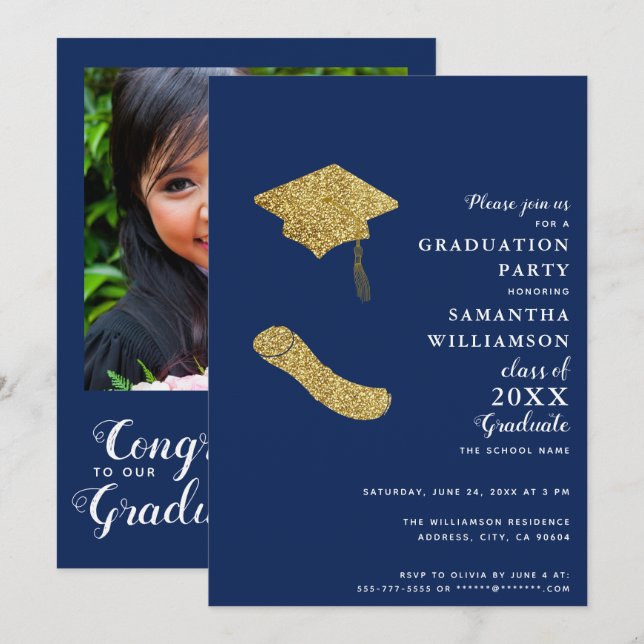 Class 2025 Navy Blue White Gold Photo Graduation Invitation (Front/Back)