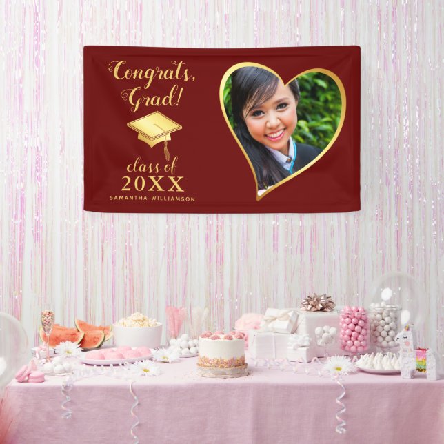 Class 2025 Photo Maroon Red and Gold Graduation Banner (Party)