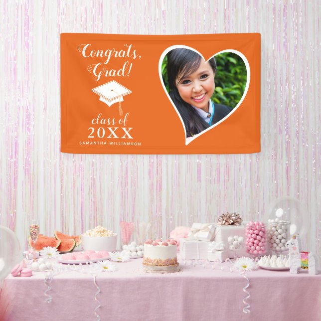 Class 2025 Photo Orange and White Graduation Banner (Party)