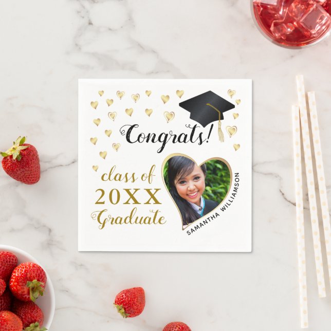 Class 2025 Photo White Black Gold Graduation Napkins (Insitu)
