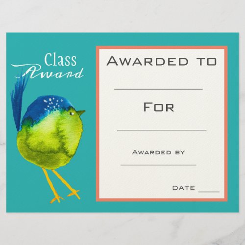Class award cute bird children certificate