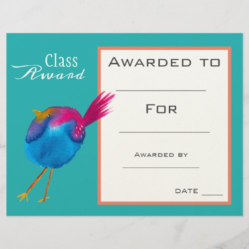 Class award cute blue bird children certificate